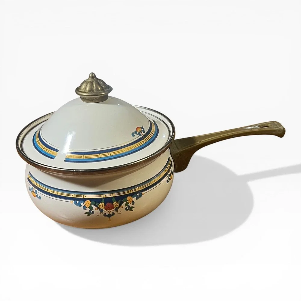 Vintage Floral Enamel Saucepan with Lid Brass Handle Chinoiserie Cream Blue Gold